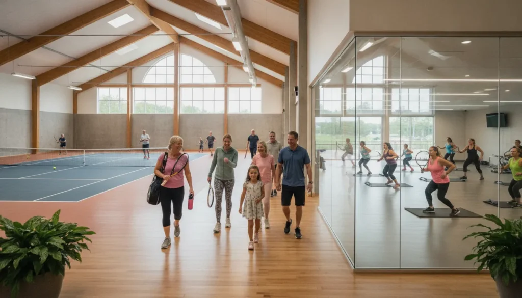 Members playing racquet sports and enjoying fitness spaces at a South Fayette private club