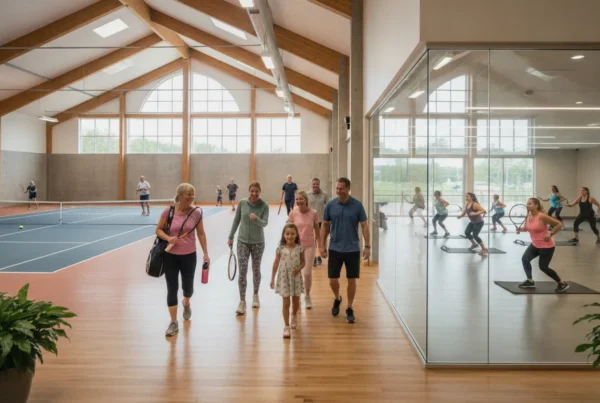 Members playing racquet sports and enjoying fitness spaces at a South Fayette private club