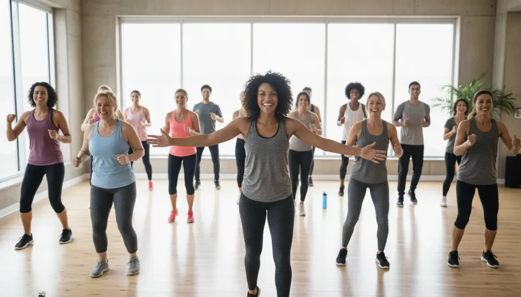 A friendly group fitness class in a bright private club studio at The Wembley Club in Chagrin Falls