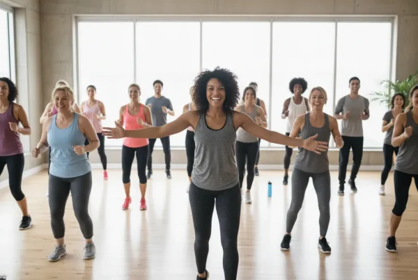 A friendly group fitness class in a bright private club studio at The Wembley Club in Chagrin Falls
