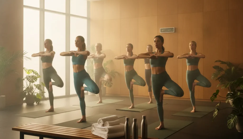 Group hot yoga class practicing balance poses in a heated studio.