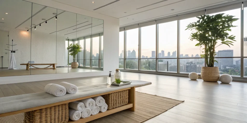 A bright, modern yoga studio with large windows, a key feature to look for when choosing a studio.