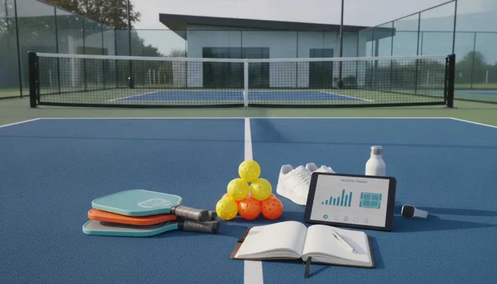 Pickleball paddles, balls, and shoes on a blue pickleball court.