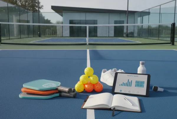 Pickleball paddles, balls, and shoes on a blue pickleball court.