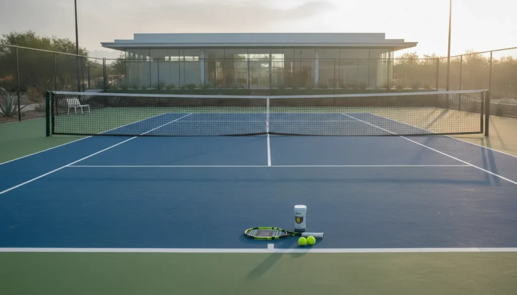 An outdoor tennis court with a racket and balls on the baseline, ready for a beginner's match.