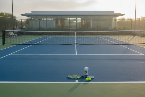 An outdoor tennis court with a racket and balls on the baseline, ready for a beginner's match.