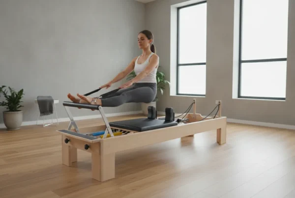 A pilates reformer being used by a woman for a strength-building exercise.