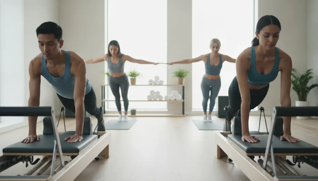 People practicing Pilates on reformer machines to build core strength and improve posture.