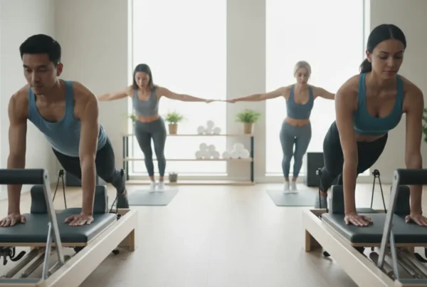 People practicing Pilates on reformer machines to build core strength and improve posture.
