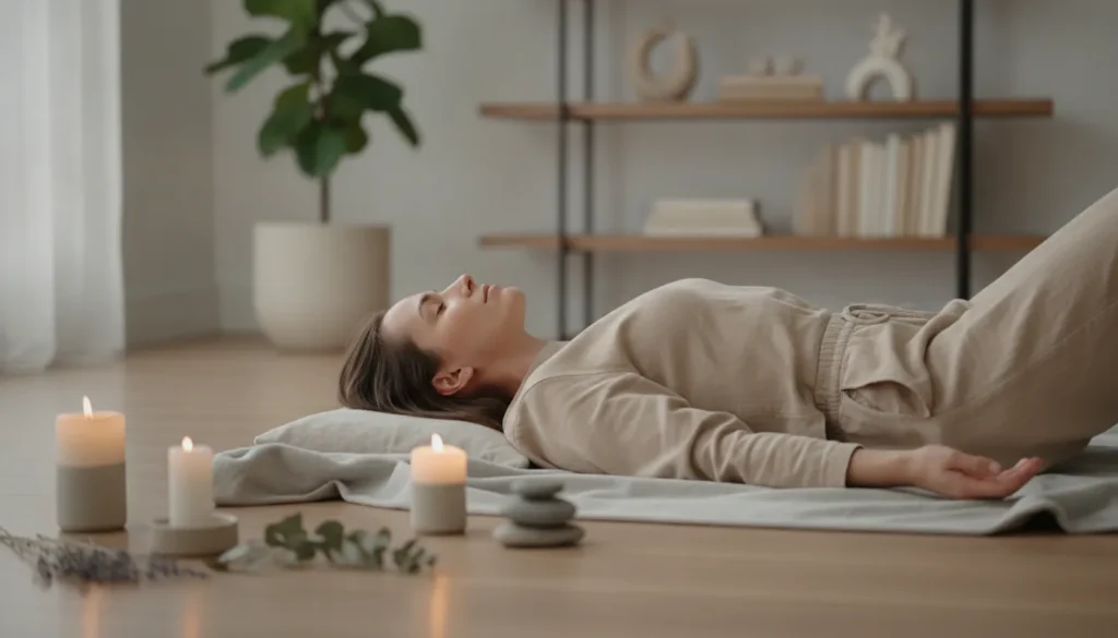 Woman practicing yoga nidra for deep relaxation and conscious rest.
