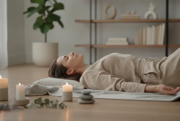Woman practicing yoga nidra for deep relaxation and conscious rest.
