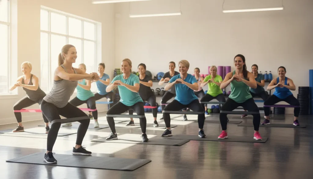 Adults taking a welcoming group fitness class at a Chagrin Valley fitness club