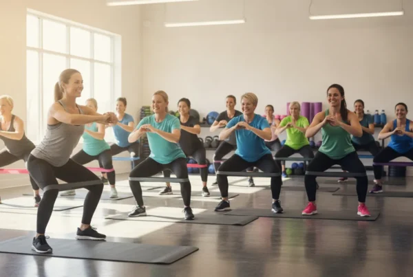 Adults taking a welcoming group fitness class at a Chagrin Valley fitness club