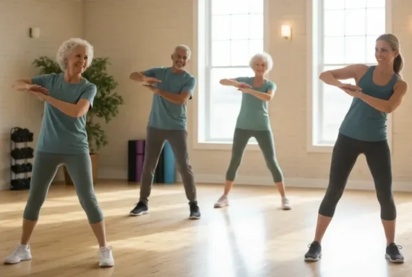 Active adults taking fitness classes for seniors near Chagrin Falls in a bright group exercise studio