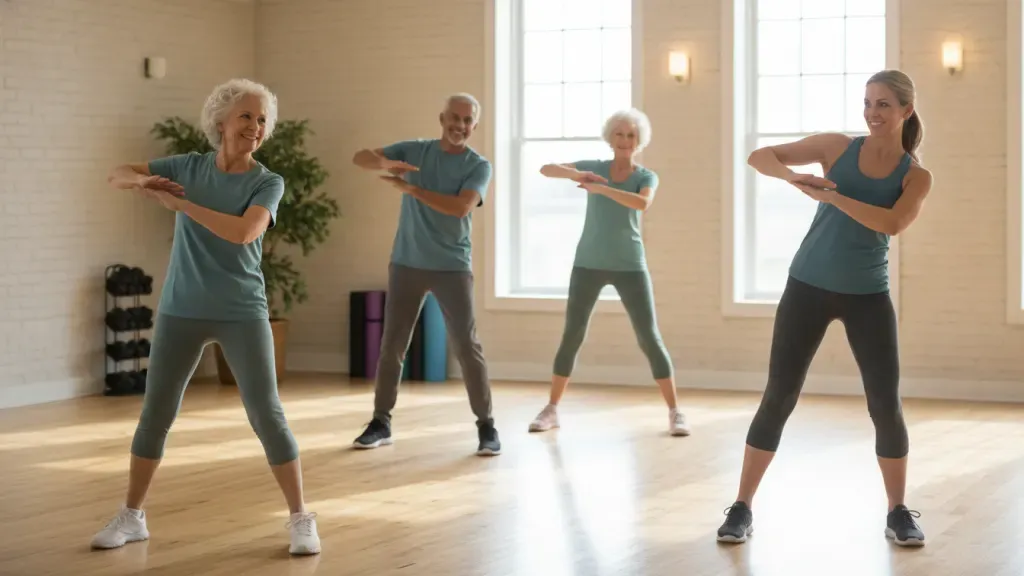 Active adults taking fitness classes for seniors near Chagrin Falls in a bright group exercise studio