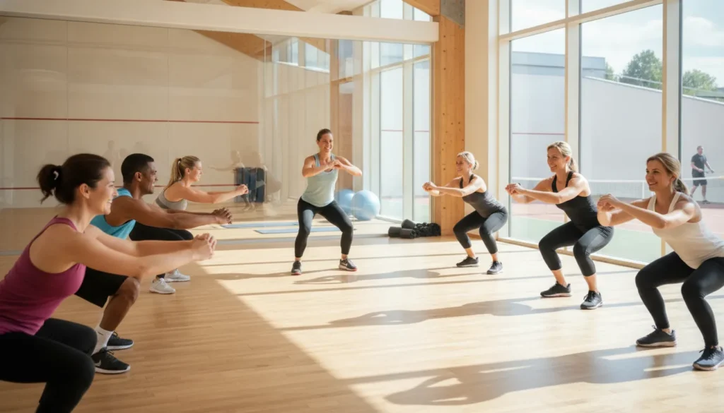 Members enjoying a welcoming group fitness class at a private fitness and racquet sports club