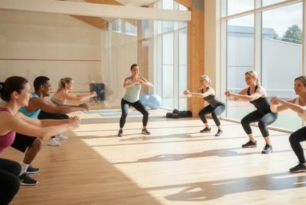 Members enjoying a welcoming group fitness class at a private fitness and racquet sports club