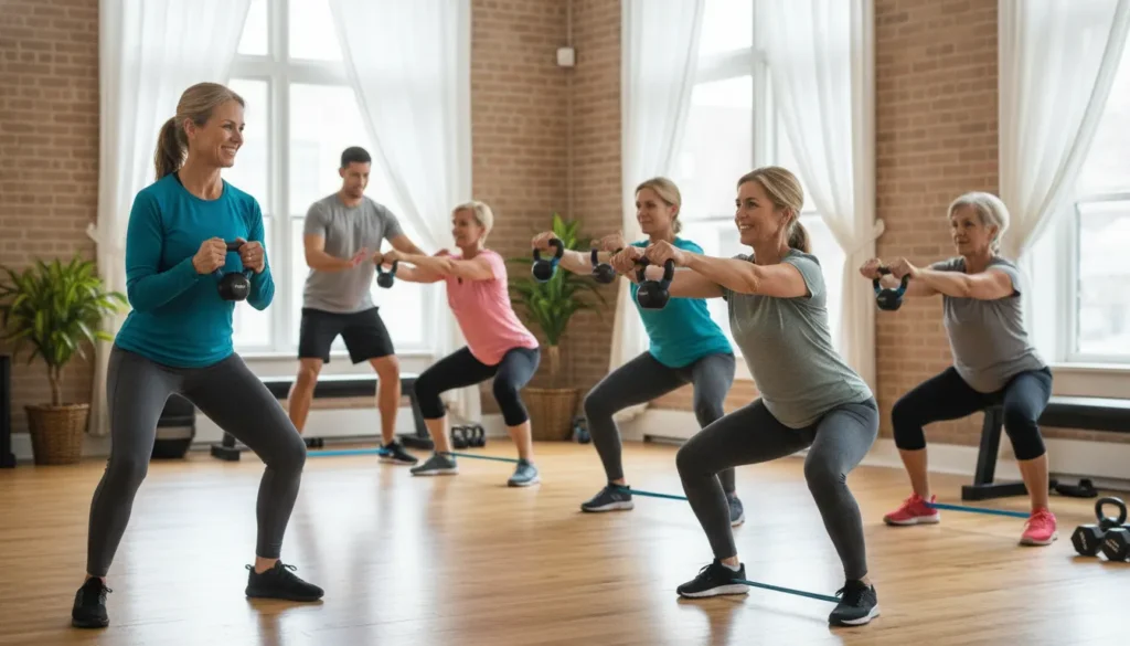 Adults enjoying a coached group fitness class at The Wembley Club