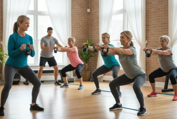 Adults enjoying a coached group fitness class at The Wembley Club