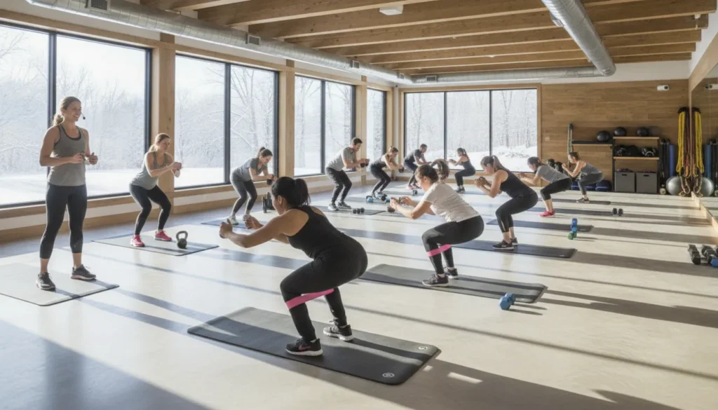 Members taking a coached group fitness class at The Wembley Club in Chagrin Falls