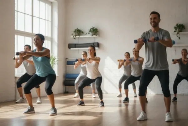 Members taking a group fitness class together in a welcoming club studio