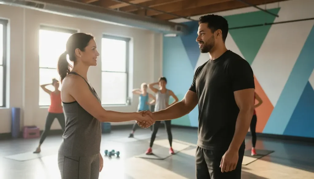 Beginner talking with a group fitness instructor before class
