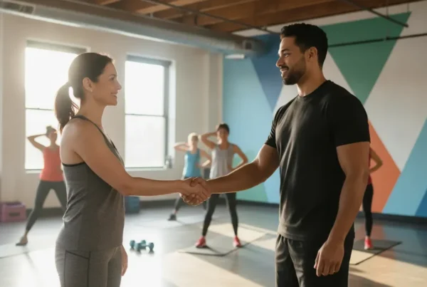 Beginner talking with a group fitness instructor before class