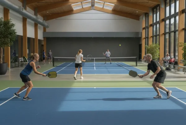 Players enjoying pickleball and tennis at a welcoming racquet sports club