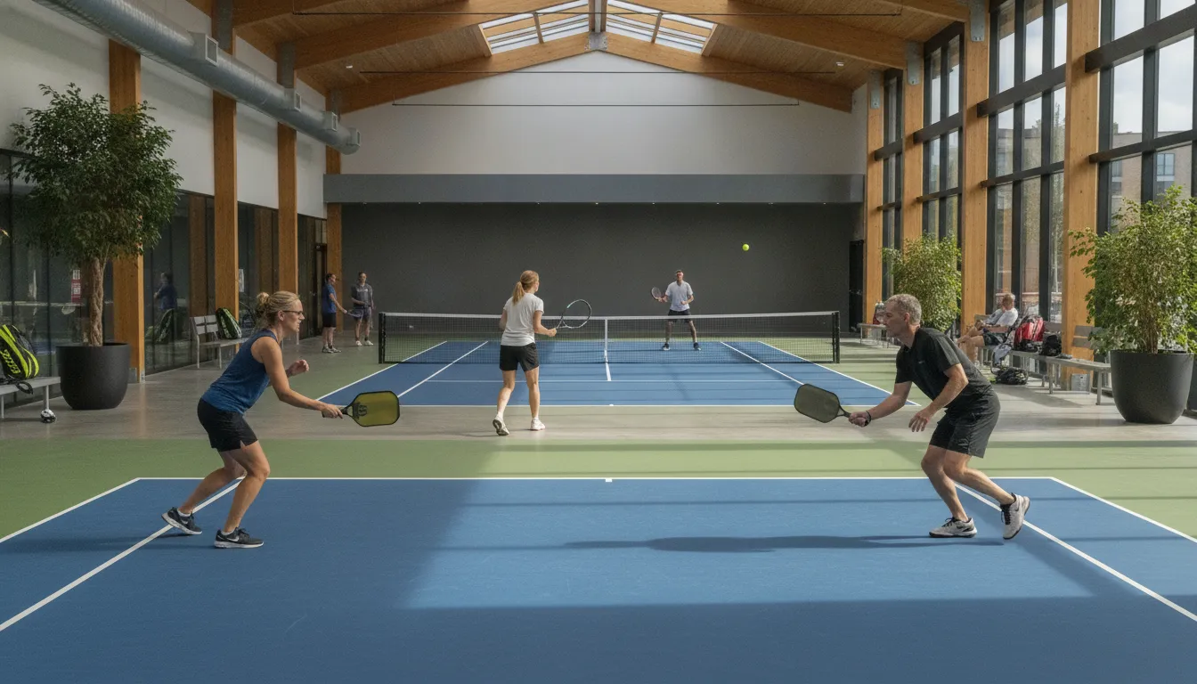 Players enjoying pickleball and tennis at a welcoming racquet sports club