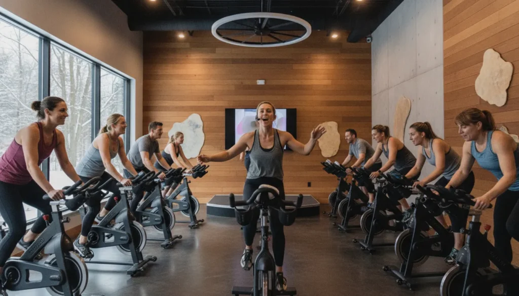 Beginners enjoying an indoor cycling class near Chagrin Falls