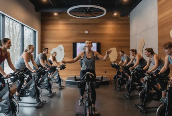 Beginners enjoying an indoor cycling class near Chagrin Falls