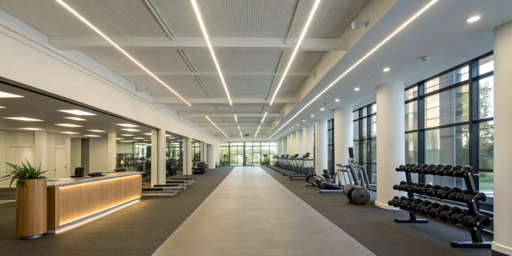Modern fitness center with cardio machines, free weights, and spacious, well-lit workout areas.