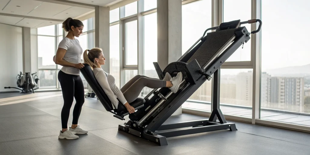 Woman using a leg press machine with trainer assistance.