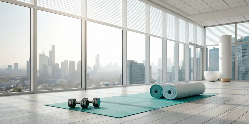 Yoga mat and dumbbells ready for a beginner fitness workout.