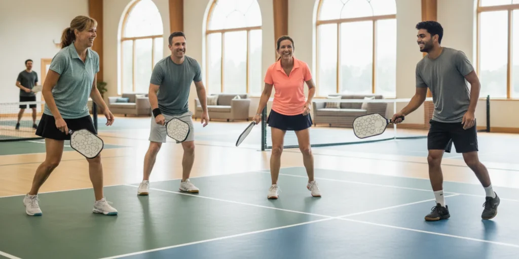 Pickleball players sharing a court at an indoor racquet sports club in Chagrin Falls