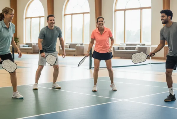 Pickleball players sharing a court at an indoor racquet sports club in Chagrin Falls
