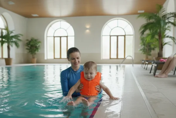Child practicing a swimming skill with an instructor in a bright indoor pool